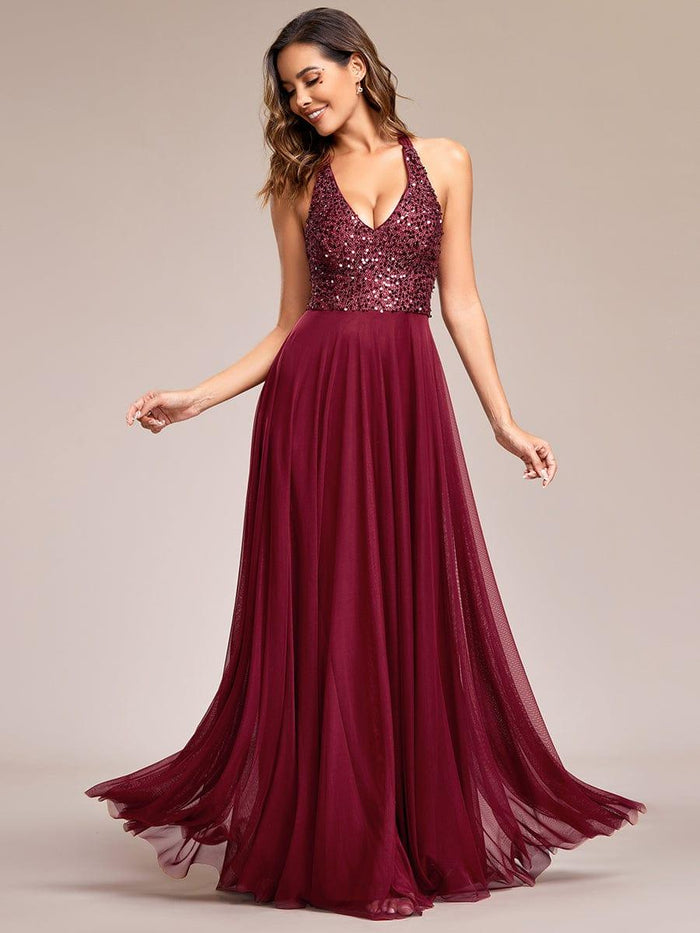 Halter Neck Sequin Mesh Panel Chained A-Line Evening Gown