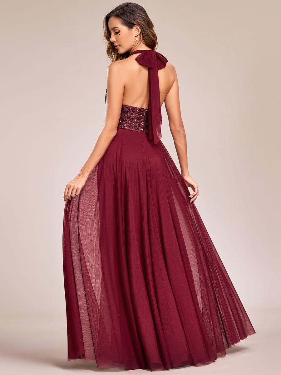 Sparkling Sequin Halter Neck A Line Tulle Evening Dress #color_Burgundy