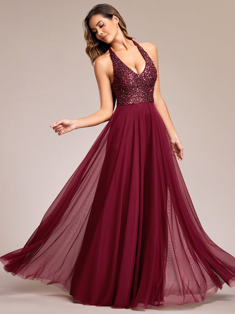 Sparkling Sequin Halter Neck A Line Tulle Evening Dress #color_Burgundy