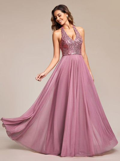 Sparkling Sequin Halter Neck A Line Tulle Evening Dress #color_Purple Orchid