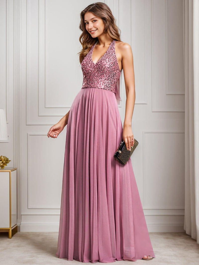 Halter Neck Sequin Evening Dress Birthday Outfit Prom Party Dress main image 1