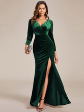 Stunning Long Sleeve V-Neck Velvet Bodycon Evening Dress #color_Dark Green