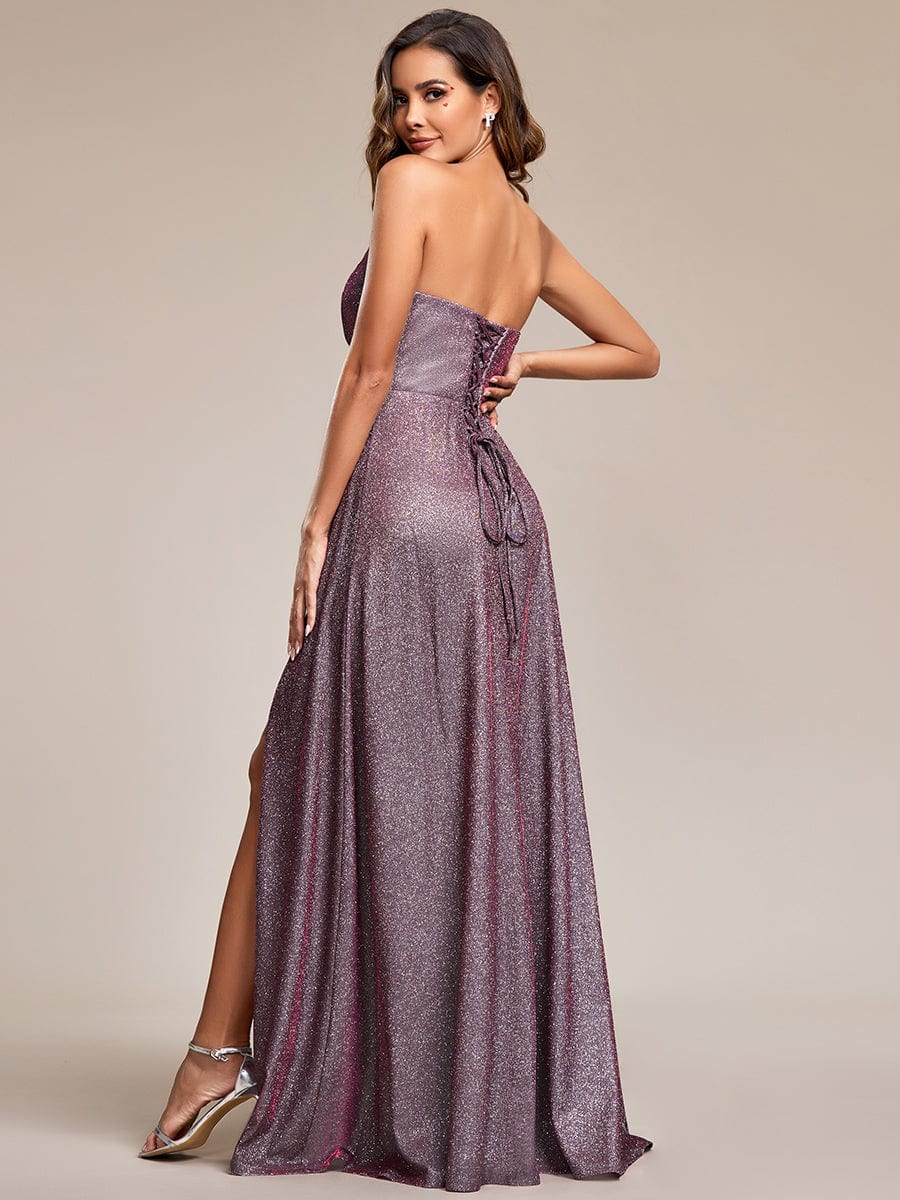 Glitter Strapless A-Line High Slit Evening Dress
