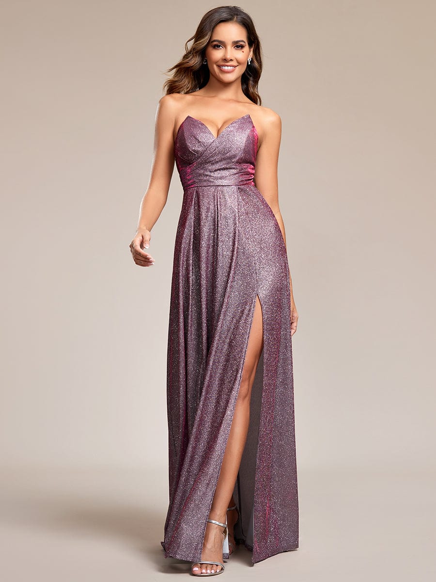 Glitter Strapless A-Line High Slit Evening Dress