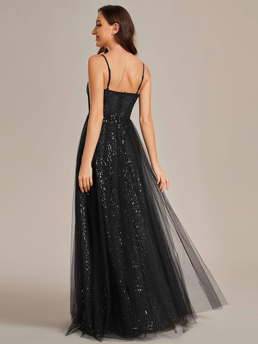 Elegant Sequin Spaghetti Strap A-Line Evening Dress #color_Black
