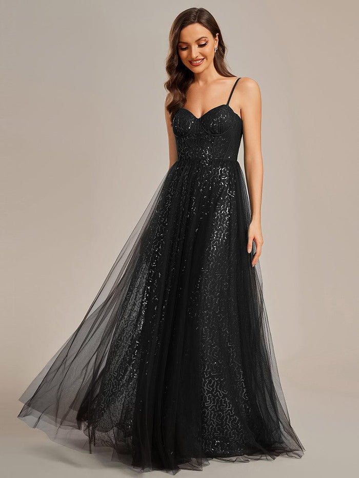 Spaghetti Strap V-Neck Sheath Sequin Floor-Length Evening Dresses with Ruffle main image 1
