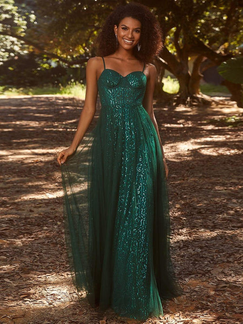 Aesthetic A line Spaghetti Straps Sequin Brown Long Evening Dress Prom Dresses