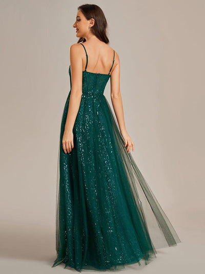 Trendy Golden Spaghetti Strap V-neck Sequin Evening Gowns JTE274 main image 1