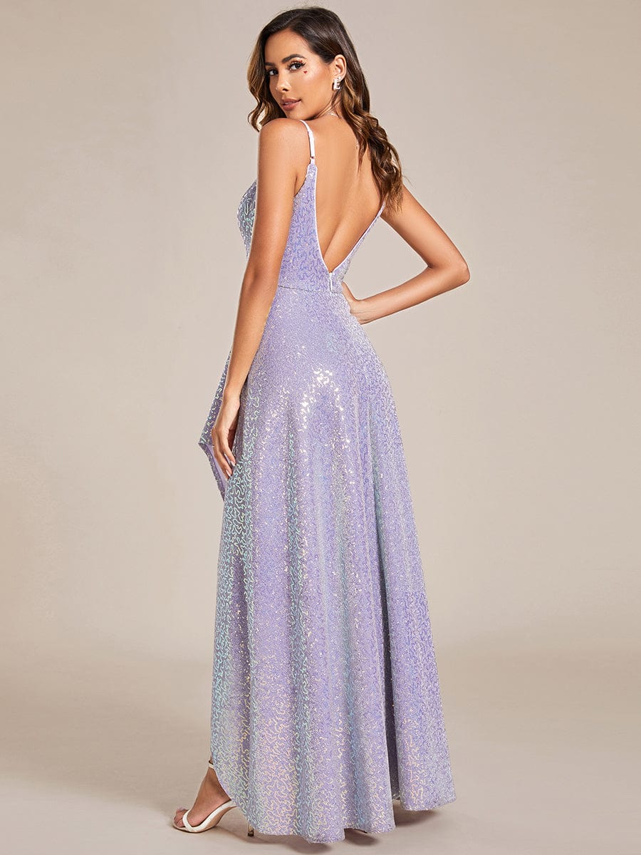 Sparkling V-Neck Spaghetti Straps High-Low Evening Dress #color_Lavender