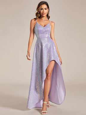 Sparkling V-Neck Spaghetti Straps High-Low Evening Dress