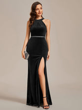 Halter Sleeveless Velvet Evening Dress with Shiny Belt  #color_Black