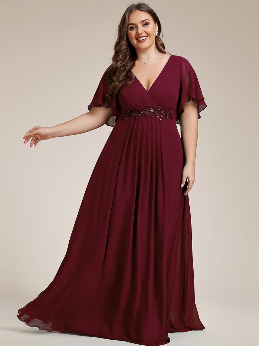 Plus Size Applique Short Sleeve A-Line Chiffon Evening Dress #color_Burgundy