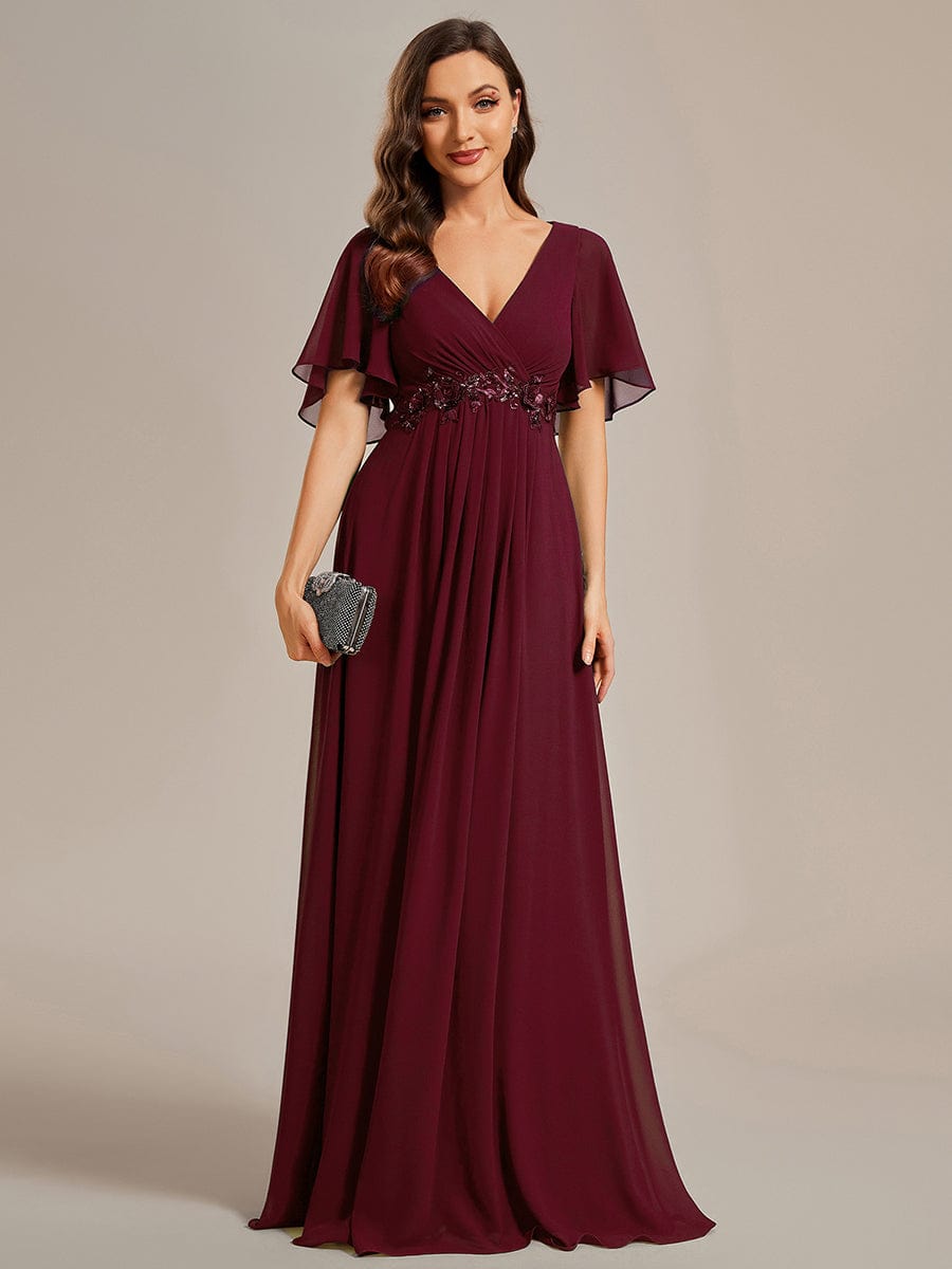 Elegant Chiffon Applique Evening Dress with Flutter Sleeves #color_Burgundy
