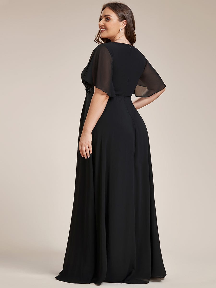 Plus Size Applique Short Sleeve A-Line Chiffon Evening Dress #color_Black