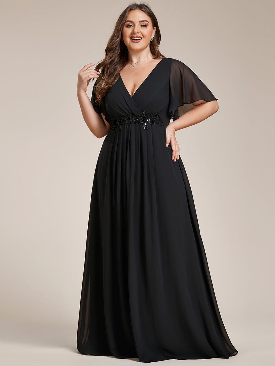 Plus Size Applique Short Sleeve A-Line Chiffon Evening Dress #color_Black