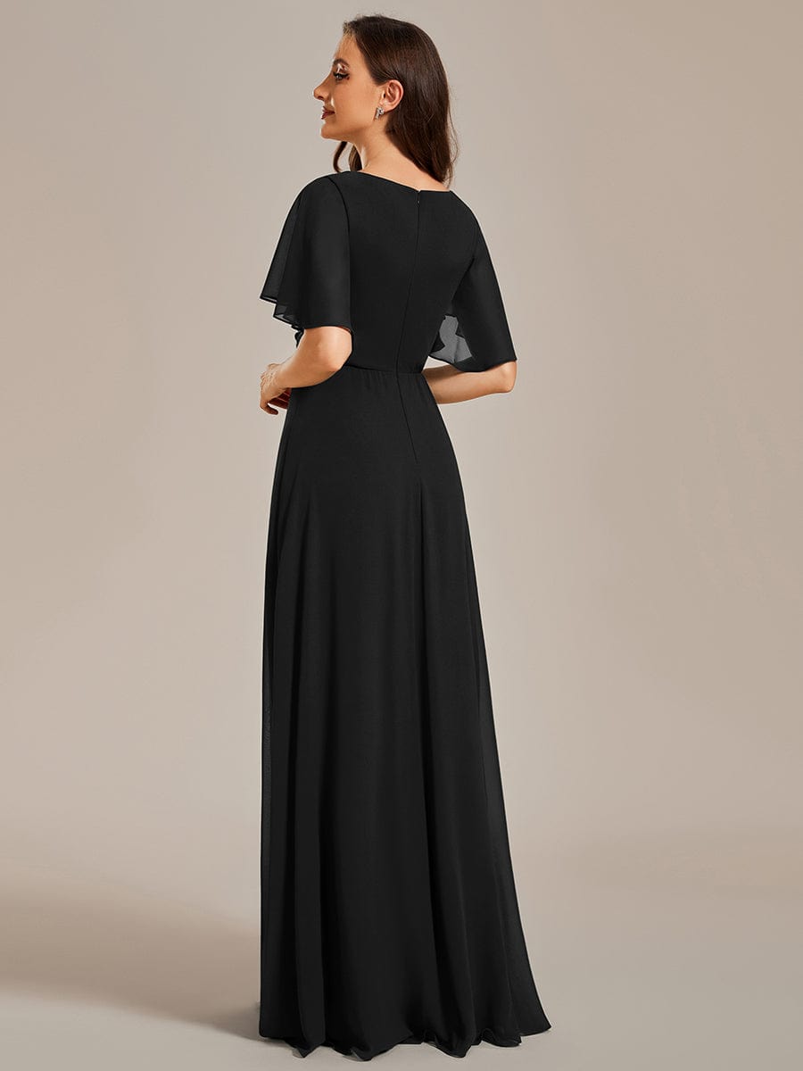 Elegant Chiffon Applique Evening Dress with Flutter Sleeves #color_Black