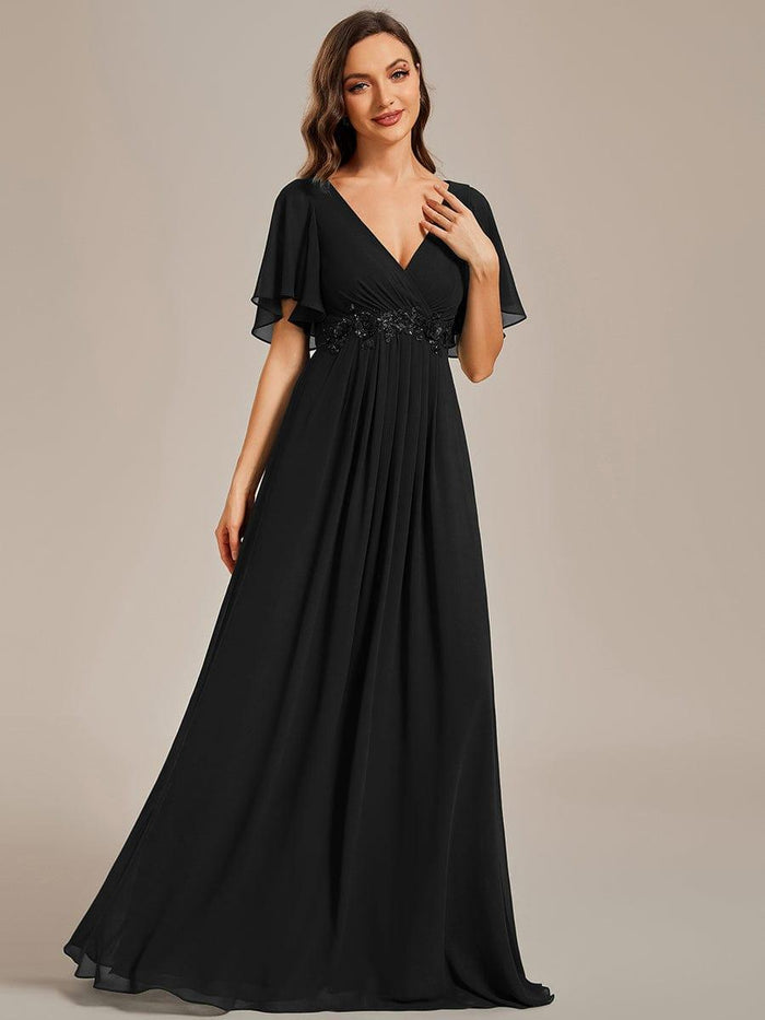 Chiffon Maxi Empire Line Evening Dress with Applique & Flutter Sleeves