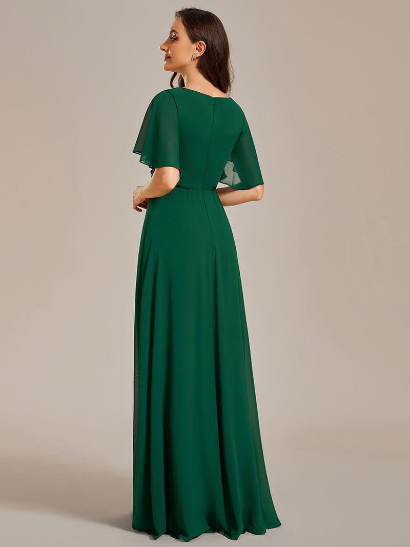 Chiffon Maxi Empire Line Evening Dress with Applique & Flutter Sleeves