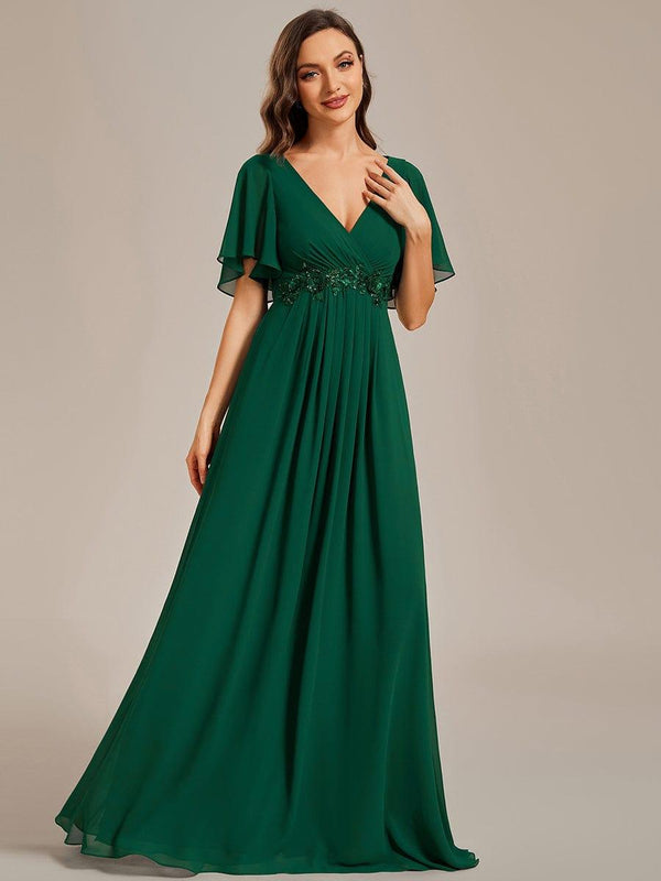 Chiffon Maxi Empire Line Evening Dress with Applique & Flutter Sleeves