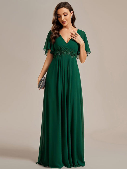 Chiffon Maxi Empire Line Evening Dress with Applique & Flutter Sleeves