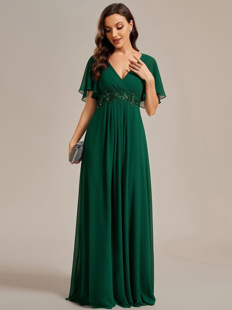 Chiffon Maxi Empire Line Evening Dress with Applique & Flutter Sleeves