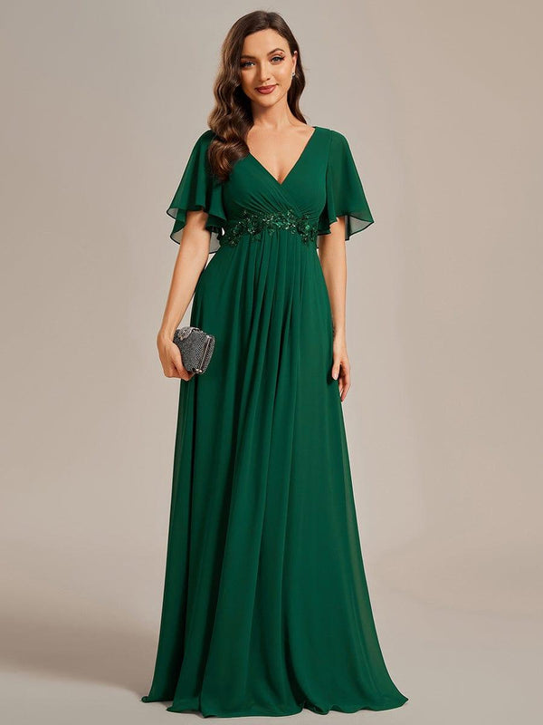 Chiffon Maxi Empire Line Evening Dress with Applique & Flutter Sleeves
