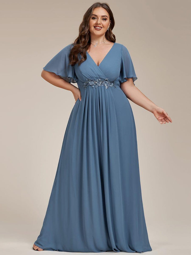 Plus Size Chiffon Empire Waist Maxi Dress with Applique & Flutter