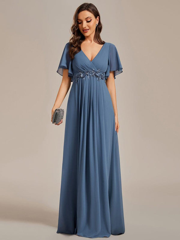 Chiffon Maxi Empire Line Evening Dress with Applique & Flutter Sleeves