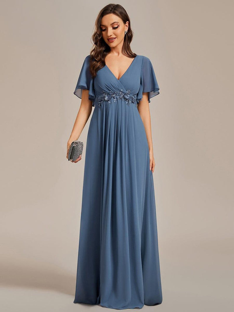 Chiffon Maxi Empire Line Evening Dress with Applique & Flutter Sleeves