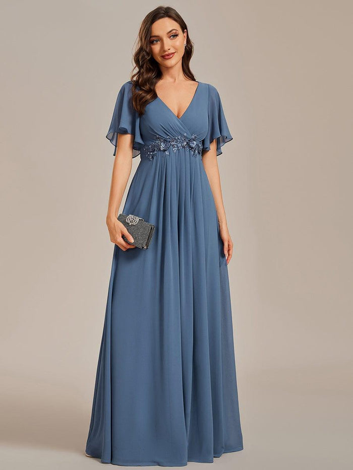 Chiffon Maxi Empire Line Evening Dress with Applique & Flutter Sleeves