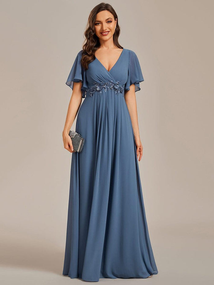 Chiffon Maxi Empire Line Evening Dress with Applique & Flutter Sleeves