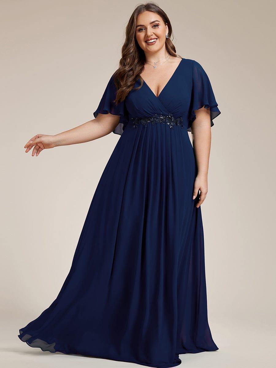 Plus Size Applique Short Sleeve A-Line Chiffon Evening Dress