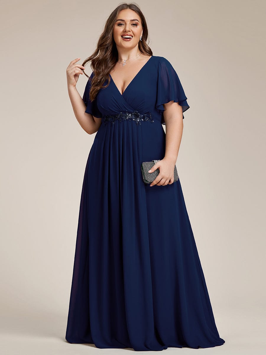 Plus Size Applique Short Sleeve A-Line Chiffon Evening Dress #color_Navy Blue