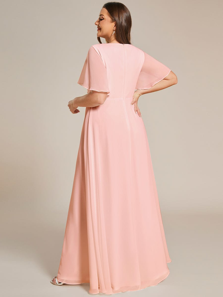 Plus Size Applique Short Sleeve A-Line Chiffon Evening Dress #color_Pink