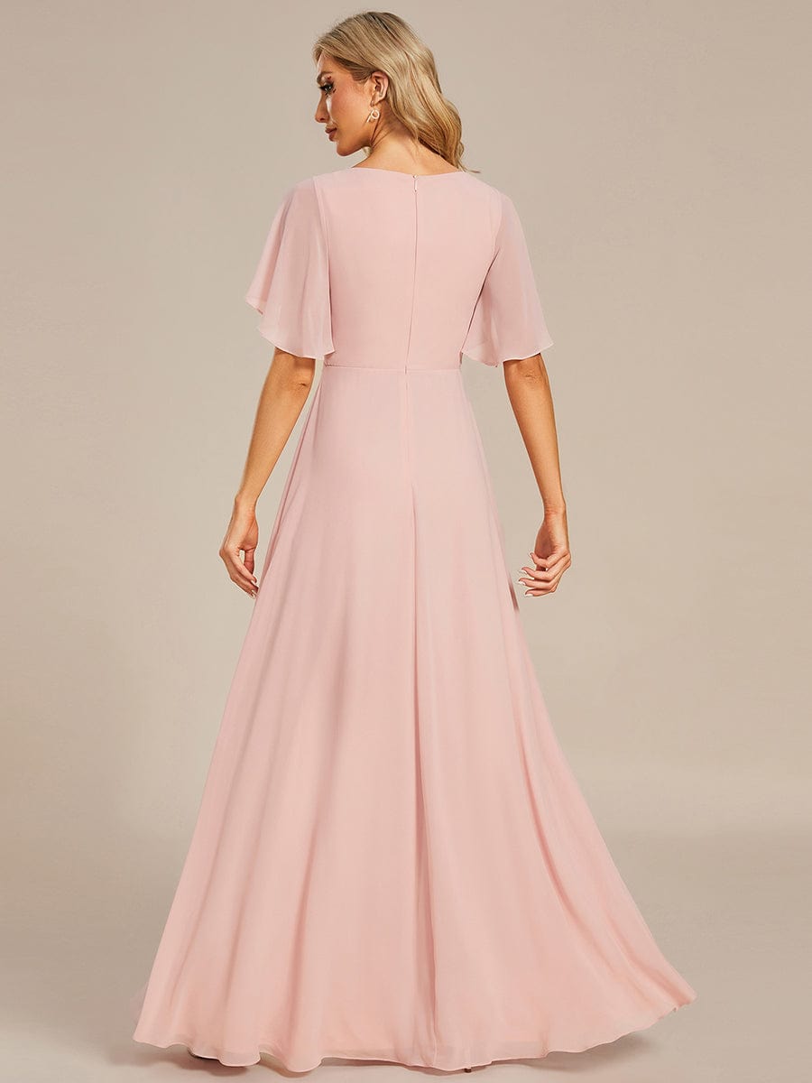 Elegant Chiffon Applique Evening Dress with Flutter Sleeves #color_Pink