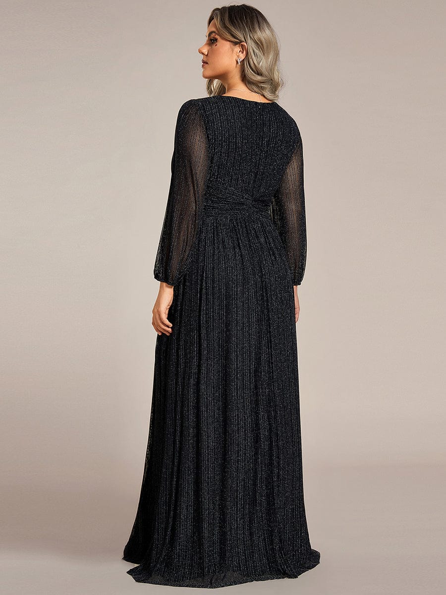 Plus Size Sparkle Long Sleeve Formal Evening Dress with A-line Silhouette #color_Black