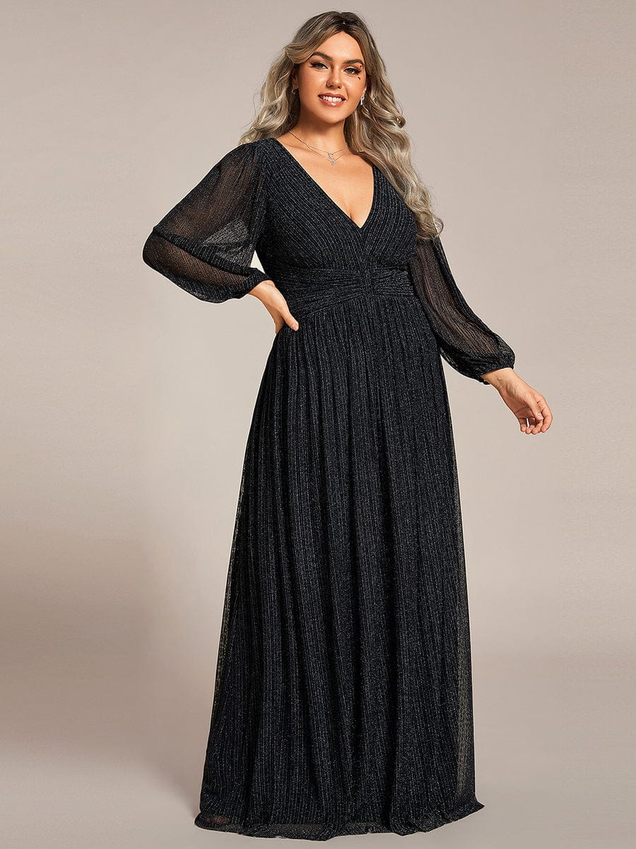 Plus Size Sparkle Long Sleeve Formal Evening Dress with A-line Silhouette #color_Black