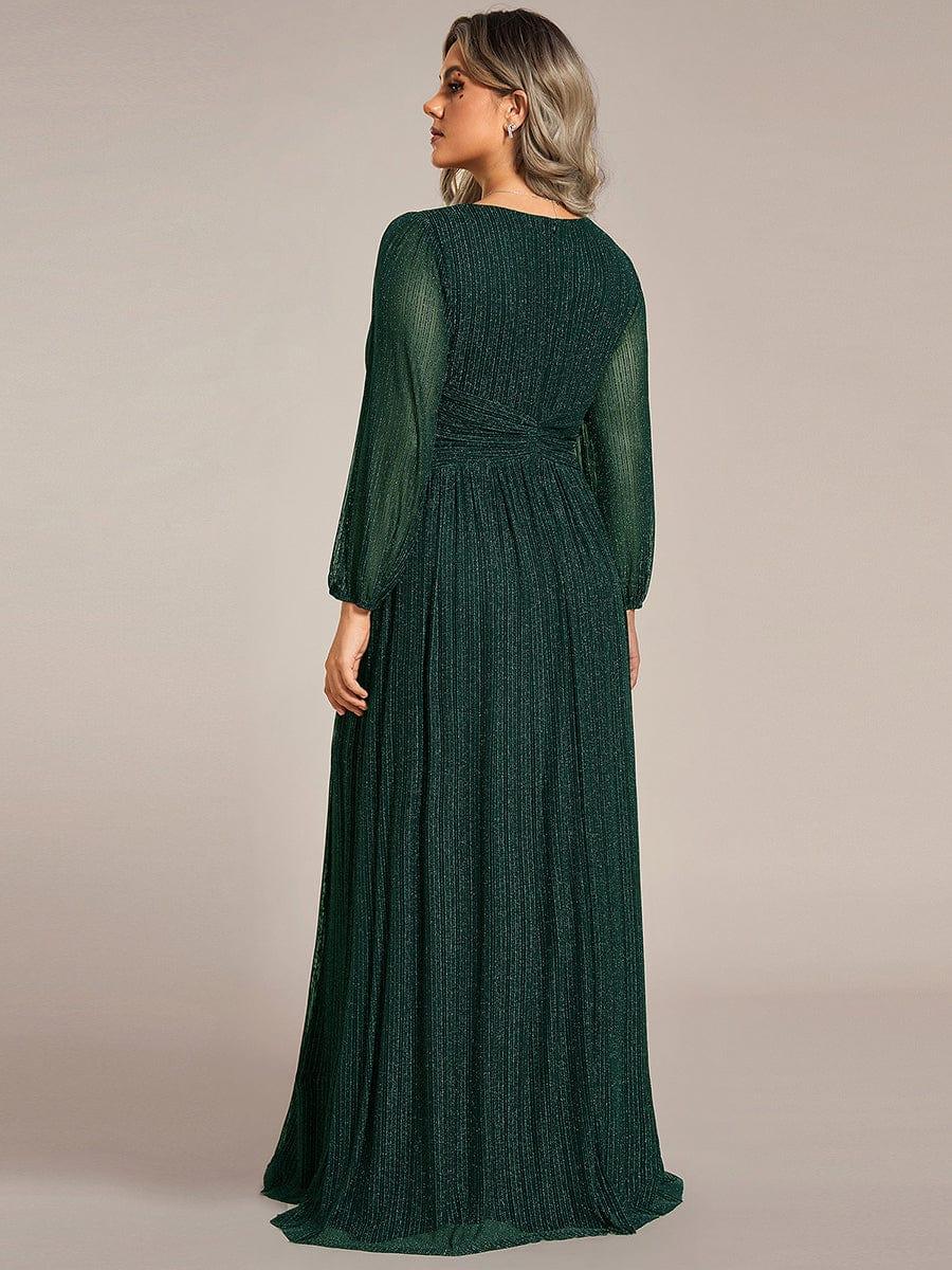 Plus Size Sparkle Long Sleeve Formal Evening Dress with A-line Silhouette #color_Dark Green