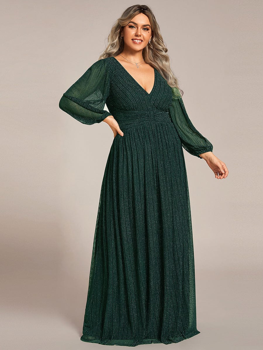 Plus Size Sparkle Long Sleeve Formal Evening Dress with A-line Silhouette #color_Dark Green