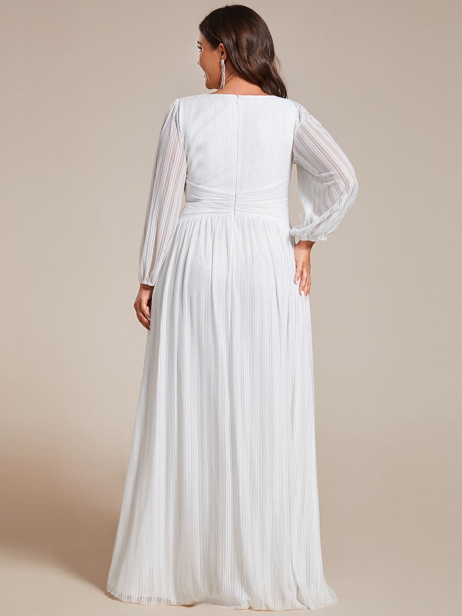Plus Size Sparkle Long Sleeve Formal Evening Dress with A-line Silhouette #color_White