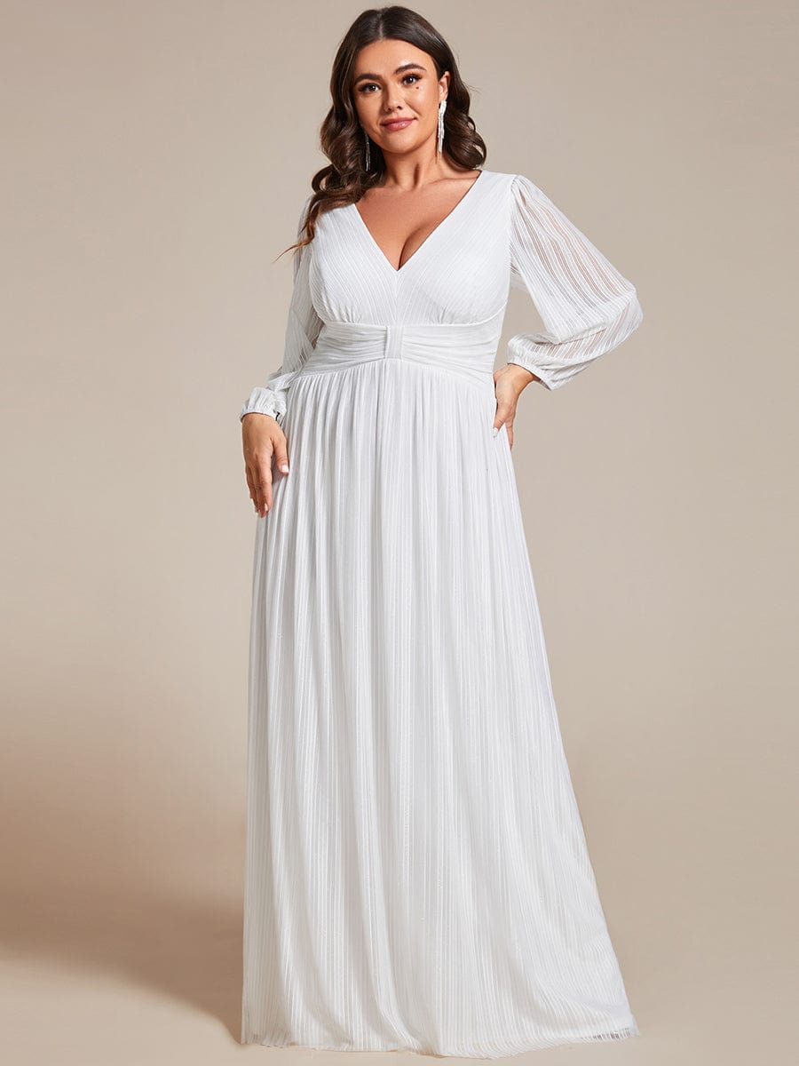 Plus Size Sparkle Long Sleeve Formal Evening Dress with A-line Silhouette #color_White