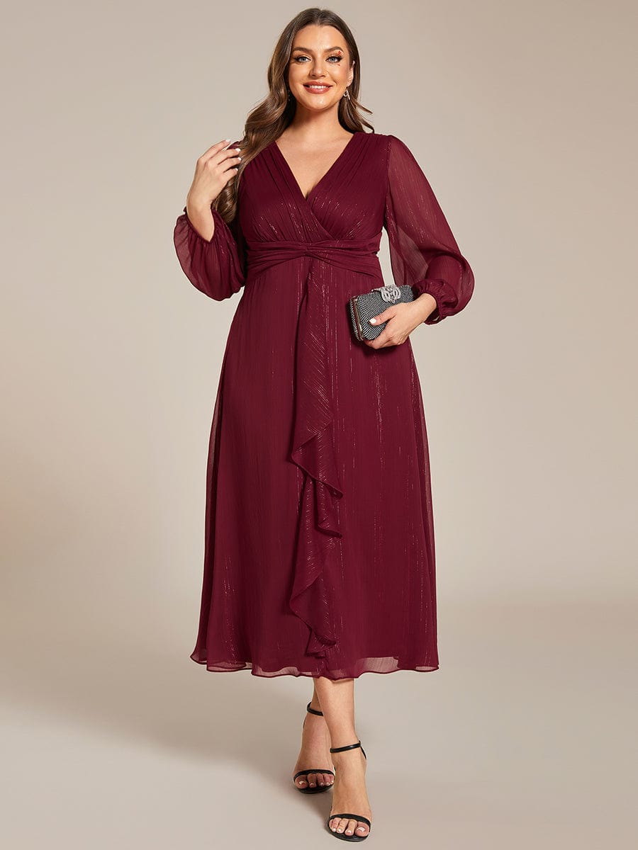 Plus Size Long Sleeve V-Neck Chiffon Twist Knot A-Line Evening Dress #color_Burgundy