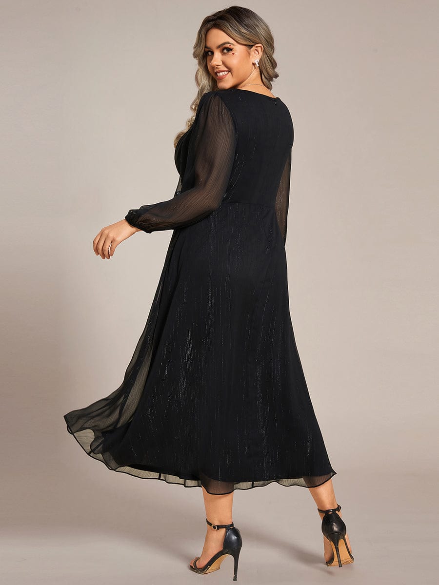 Plus Size Long Sleeve V-Neck Chiffon Twist Knot A-Line Evening Dress #color_Black