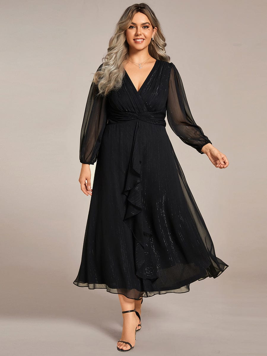 Plus Size Long Sleeve V-Neck Chiffon Twist Knot A-Line Evening Dress #color_Black