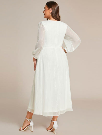 Plus Size Long Sleeve V-Neck Chiffon Twist Knot A-Line Evening Dress #color_Cream