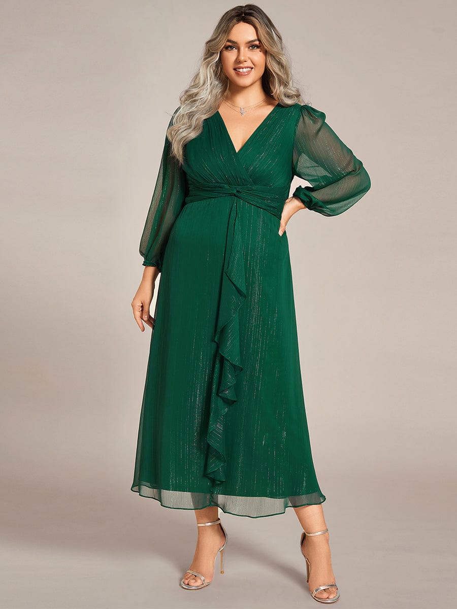 Plus Size Long Sleeve V-Neck Chiffon Twist Knot A-Line Evening Dress #color_Dark Green