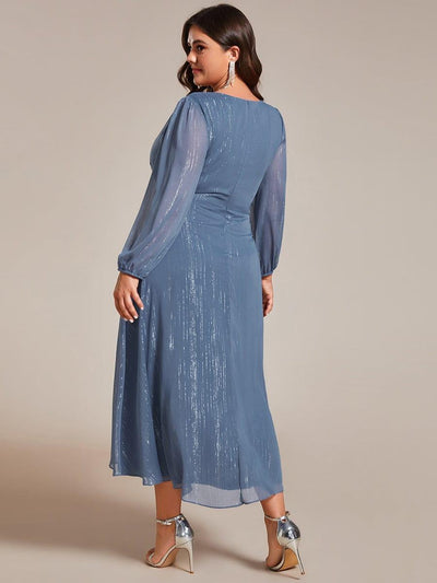 Plus Size Long Sleeve V-Neck Chiffon Twist Knot A-Line Evening Dress #color_Dusty Blue