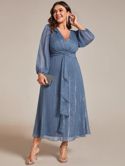 Plus Size Long Sleeve V-Neck Chiffon Twist Knot A-Line Evening Dress #color_Dusty Blue