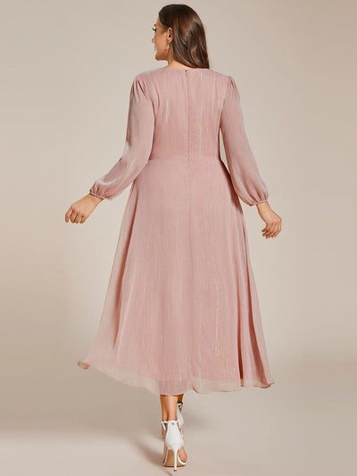 Plus Size Long Sleeve V-Neck Chiffon Twist Knot A-Line Evening Dress #color_Dusty Rose
