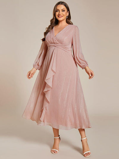 Plus Size Long Sleeve V-Neck Chiffon Twist Knot A-Line Evening Dress #color_Dusty Rose